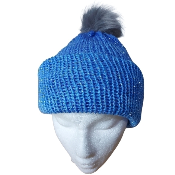 Hand Knit Blue Adult Size Beanie With Faux Fur Grey Pom Pom - Picture 4 of 6